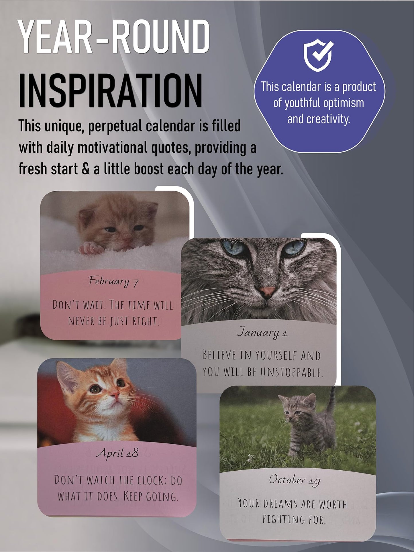 Daily Motivational Cat Calendar – 365 Reusable Quotes & Adorable Cat Photos for Year-Round Positivity – Desk Flip Calendar for Cat Lovers, Cute Animal Enthusiasts, & Motivation Seekers