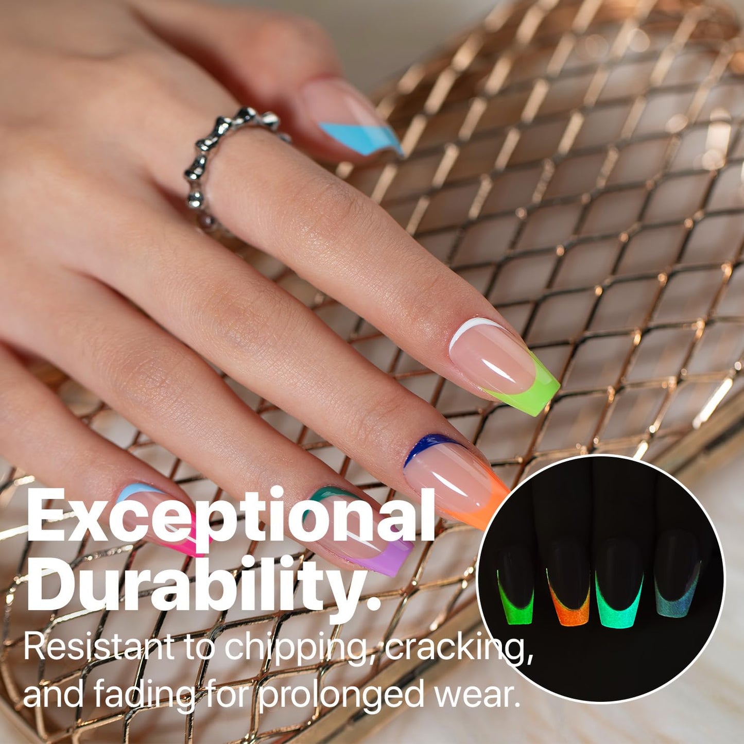 SXC Cosmetics X-Pro Tips French Tip Press On Nails - Bright Pastel Glow in the Dark Series (GLOW119-S Coffin)