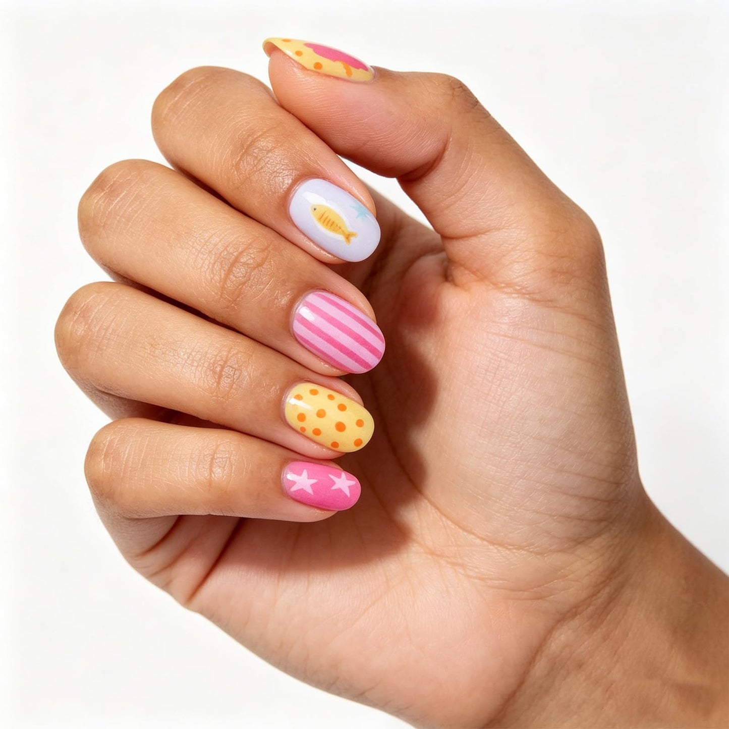 Ocean Press on Nails Short Oval, Cute Fish False Nails, Glossy Colorful Pink Star Fake Nail Polka Dot Glue on Nail, Yellow Striped Stick on Reusable Acrylic Fingernails for Women Summer Beach