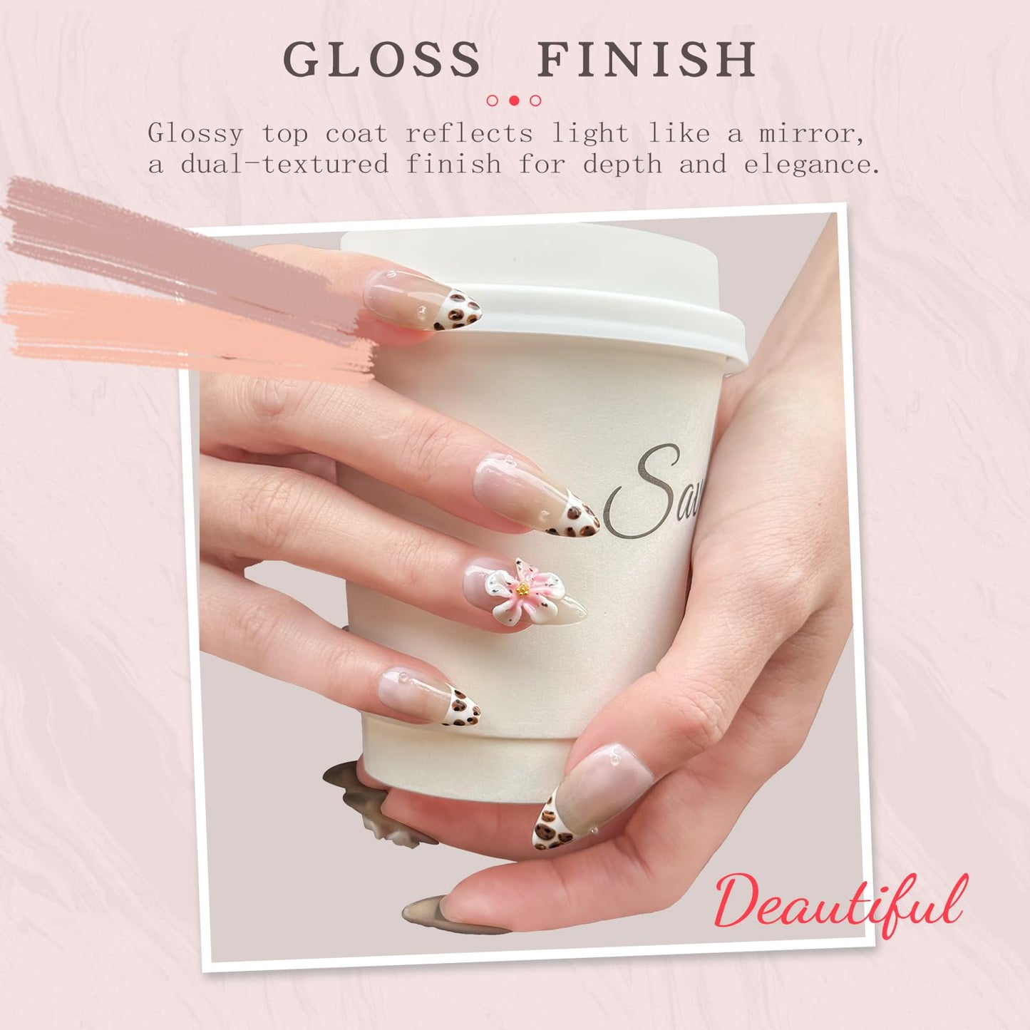 Handmade Press on Nails – Reusable False Nails with Leopard Print French Design, Gradient Tropical 3D Flower Art, Medium Almond Shaped Fake Nails (10PCS-S)