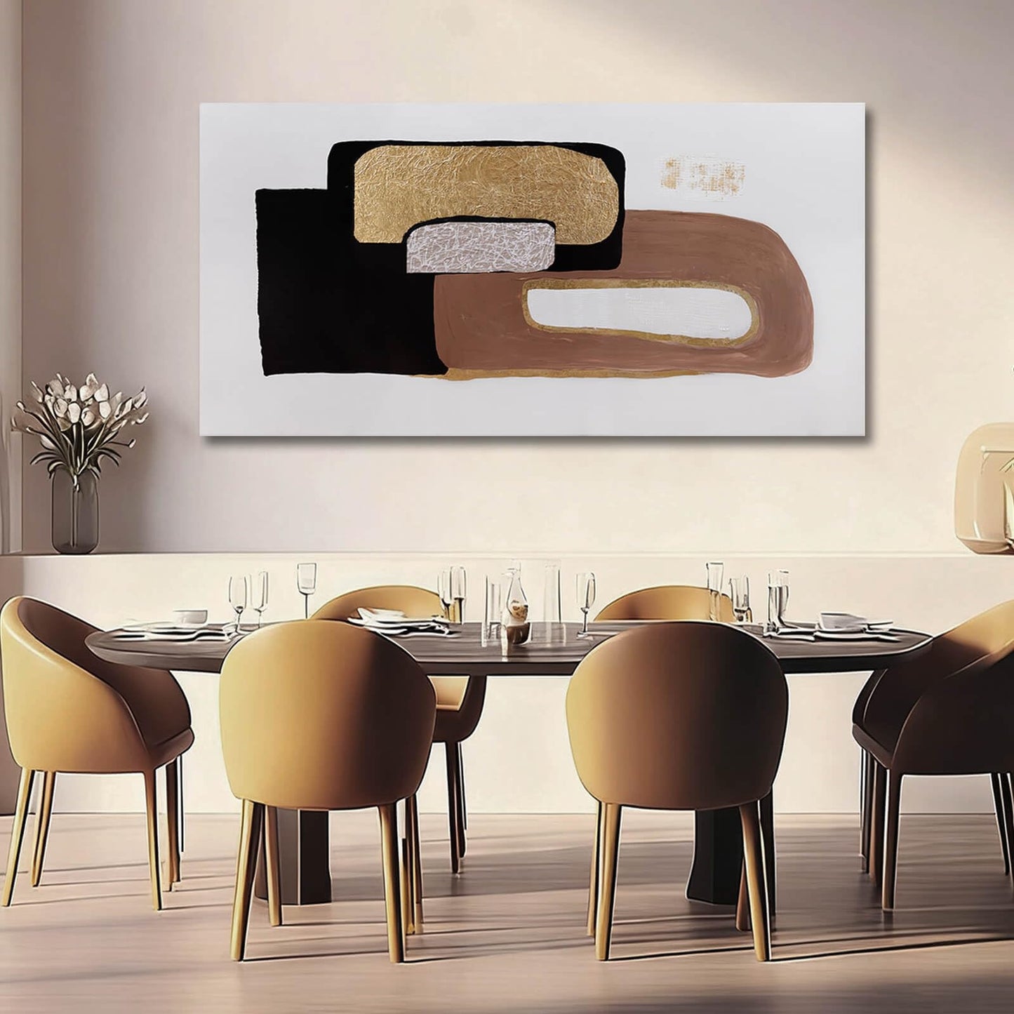 Framed Neutral Abstract Wall Art for Living Room Black and Gold Pictures Wall Decor Geometric Block Art 29"x 58" Big Painting for Bedroom Office