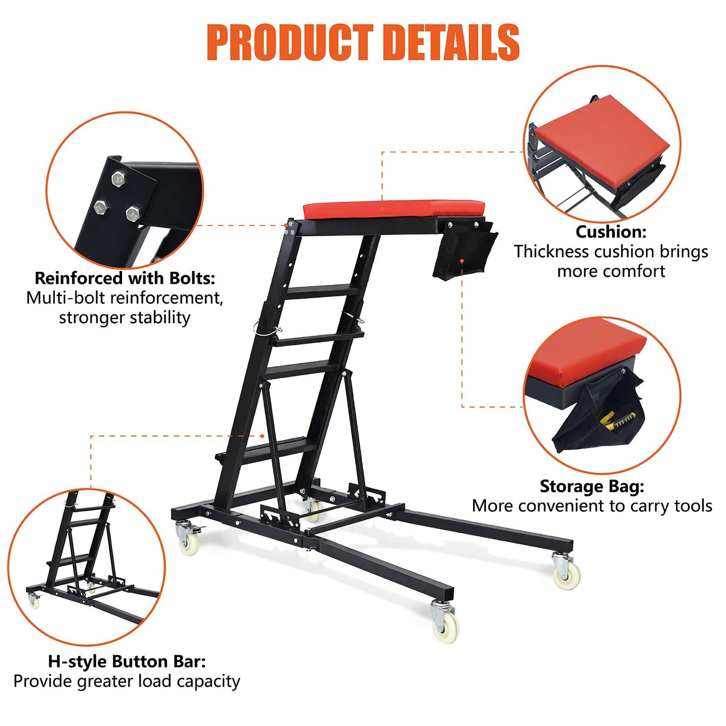 THDUGG Large Topside Creeper 48"-64" Height Range, 400 LBS Capacity Automotive Creeper Top Side Creeper Foldable Car Creeper with 4 Caster Wheels and Padded Deck for Auto Repair Maintenance