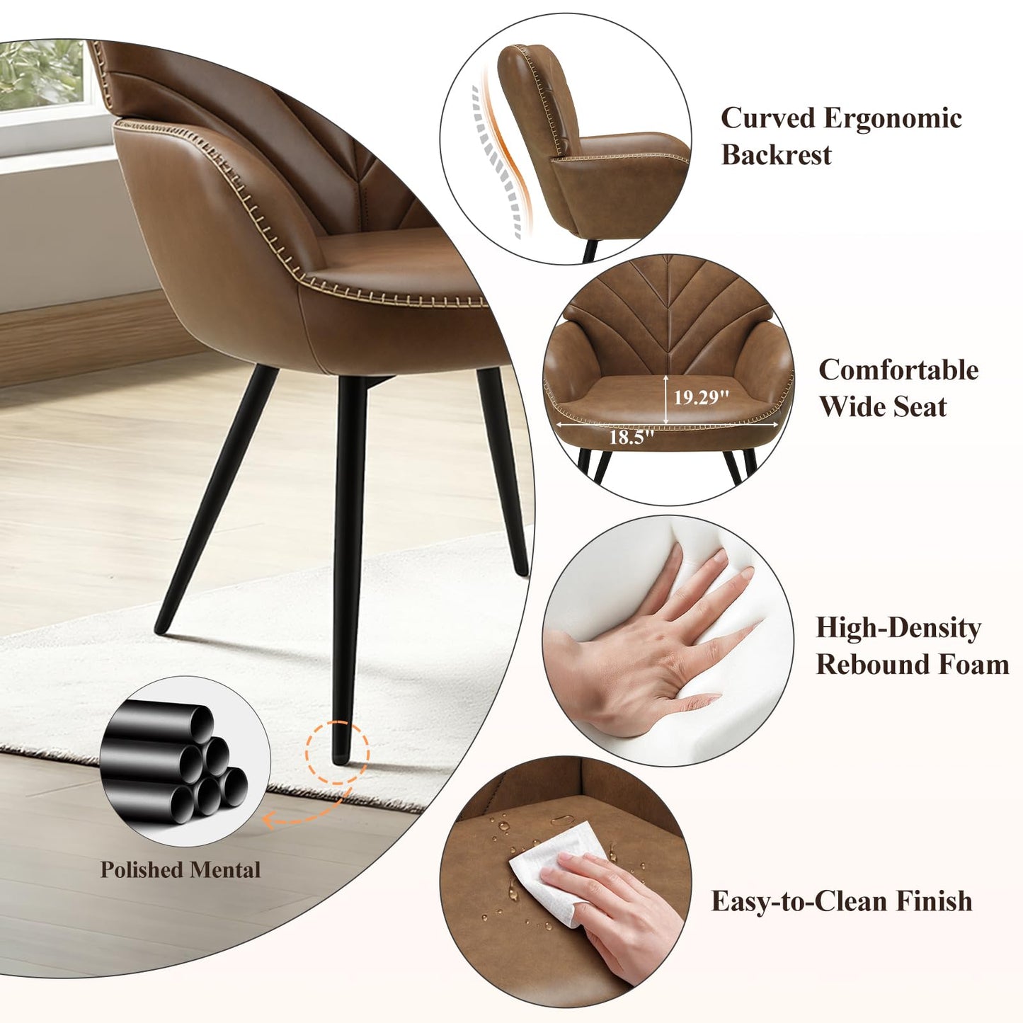 MALOL Mid-Century Modern Faux Leather Accent Chair for Living Room, Upholstered Armchair with Curved Ergonomic Back, High-Density Cushion & Metal Legs, Lounge Chair for Bedroom/Reading Corner