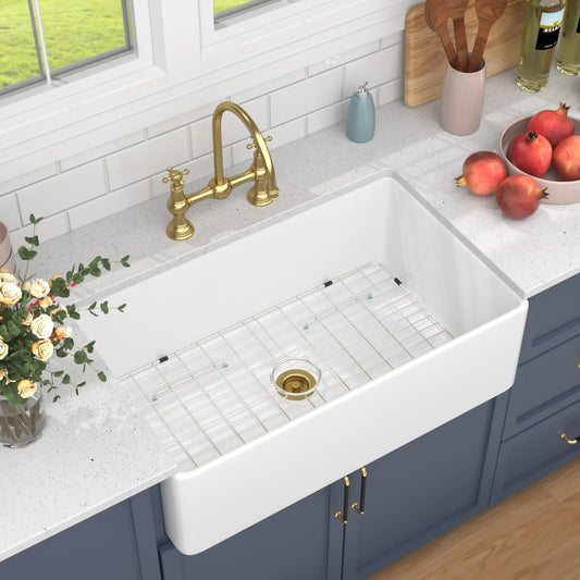 Beslend White Farmhouse Sink 33X20 inch Fireclay Farm Style Apron Front Undermount Kitchen Sink Large Single Bowl Farmer Kitchen Basin