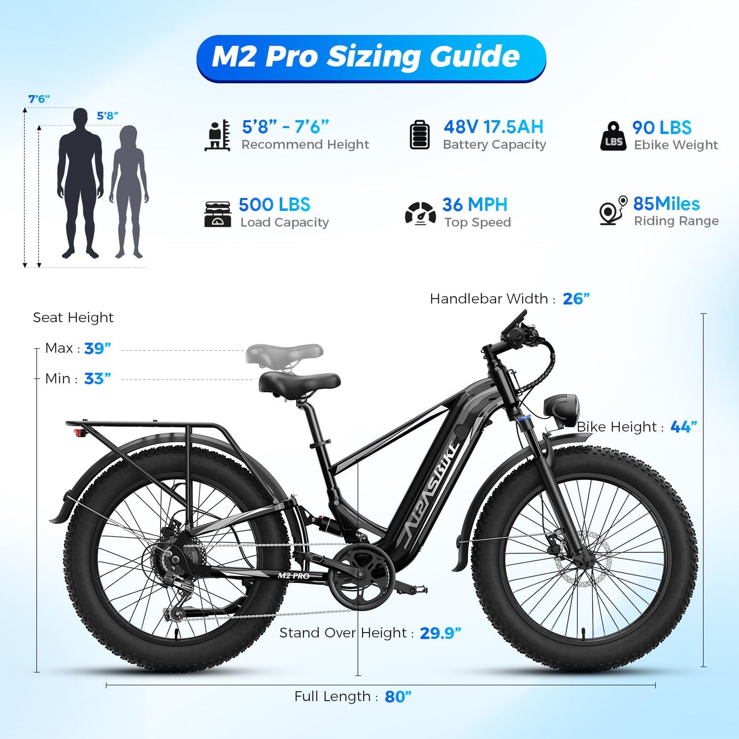 LEONX M2 pro Electric Bike,1800W Peak Motor EBike for Adults, 26'' x 4.0'' Fat Tire Electric Bike with 48V 17.5AH Battery, 36MPH 85Miles Long Range Electric Mountain Bike with Front Basket