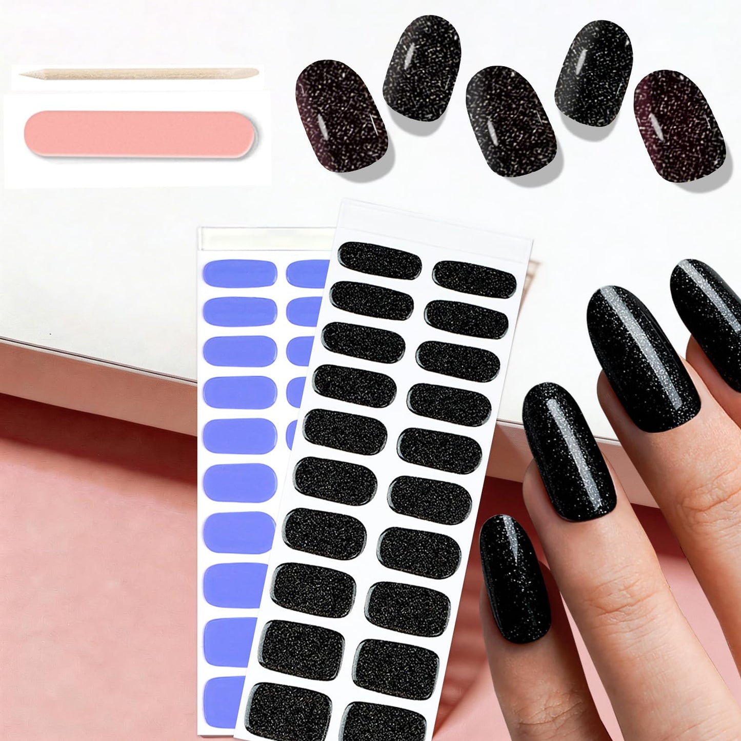 WOKOTO 2 Pack Semi Cured Gel Nail Strips, Lavender & Glossy Black 40 Pcs (10 Size) Full Nail Wraps With Nail File & Wooden Stick, UV Gel Nail Polish Strips Stickers For Women Girls, Salon Quality