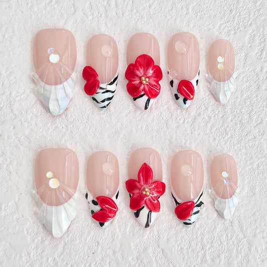 Luxury Press on Nails Medium Almond Handmade 3D Unique Reusable ABS Material Fake Nails White French Tip False Nails with Designs Water Drop Red Flower Glossy Glue on Nail Thick Acrylic Nail(M)