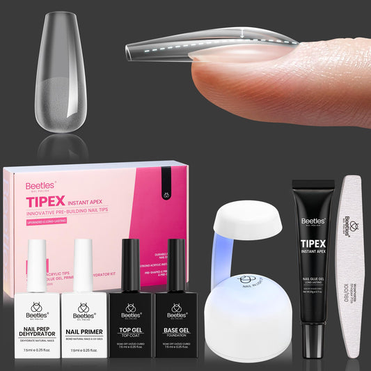 Beetles Tipex Instant Apex Nail Tips Kit with Dehydrator & Primer, Medium Coffin, 224PCS 16 Sizes, Reinforced Apex for Strong Long-Lasting Wear, 20g Solid Nail Glue, Mini UV Lamp, Base & Top Coat