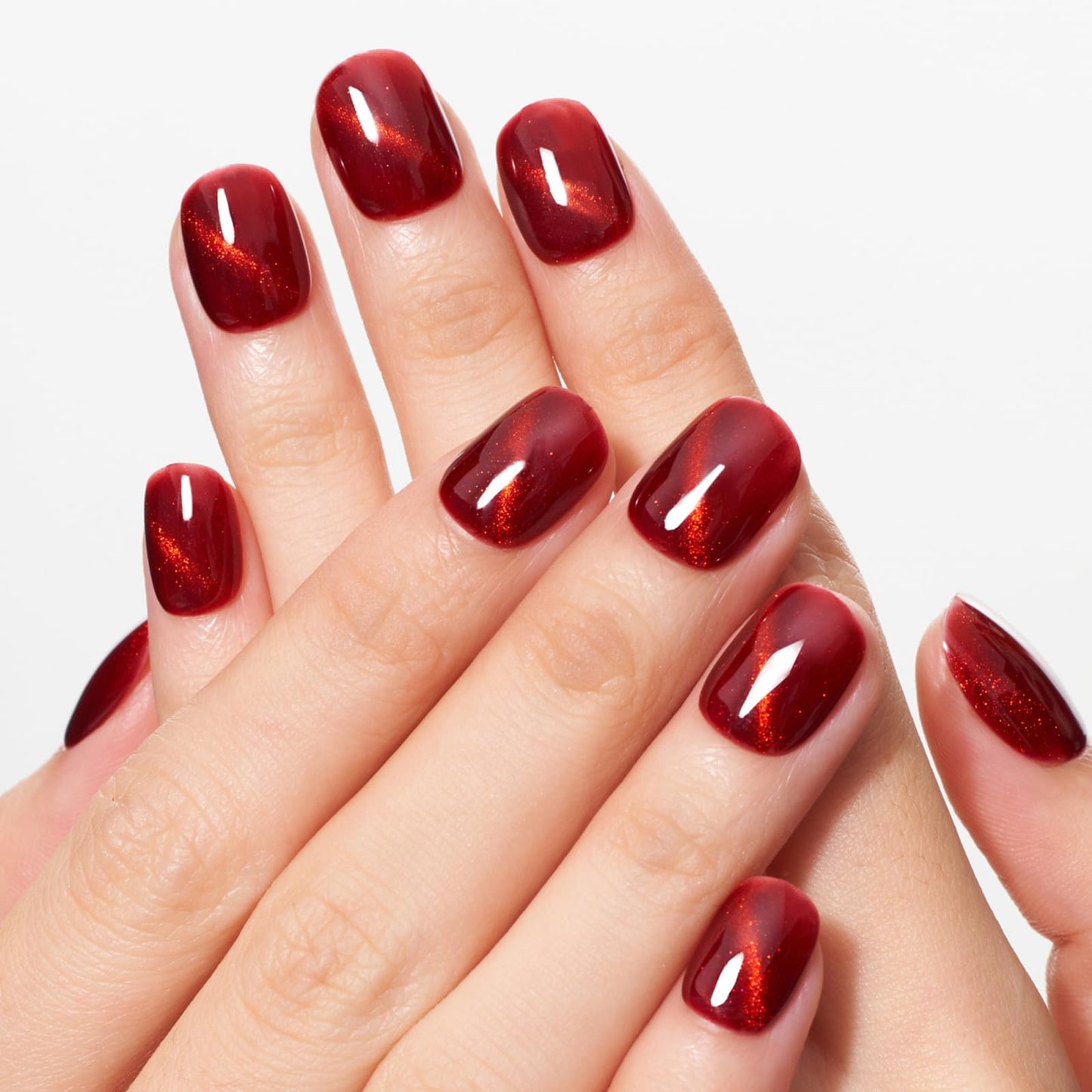 GLAMERMAID Red Cat Eyes Extra Short Press on Nails, Cherry Dark Red Handmade Soft Gel Fake Nails Short Squoval, Natural Burgundy Square Jelly Glue on Nails, Acrylic False Nails, Glossy Round Fake Nail