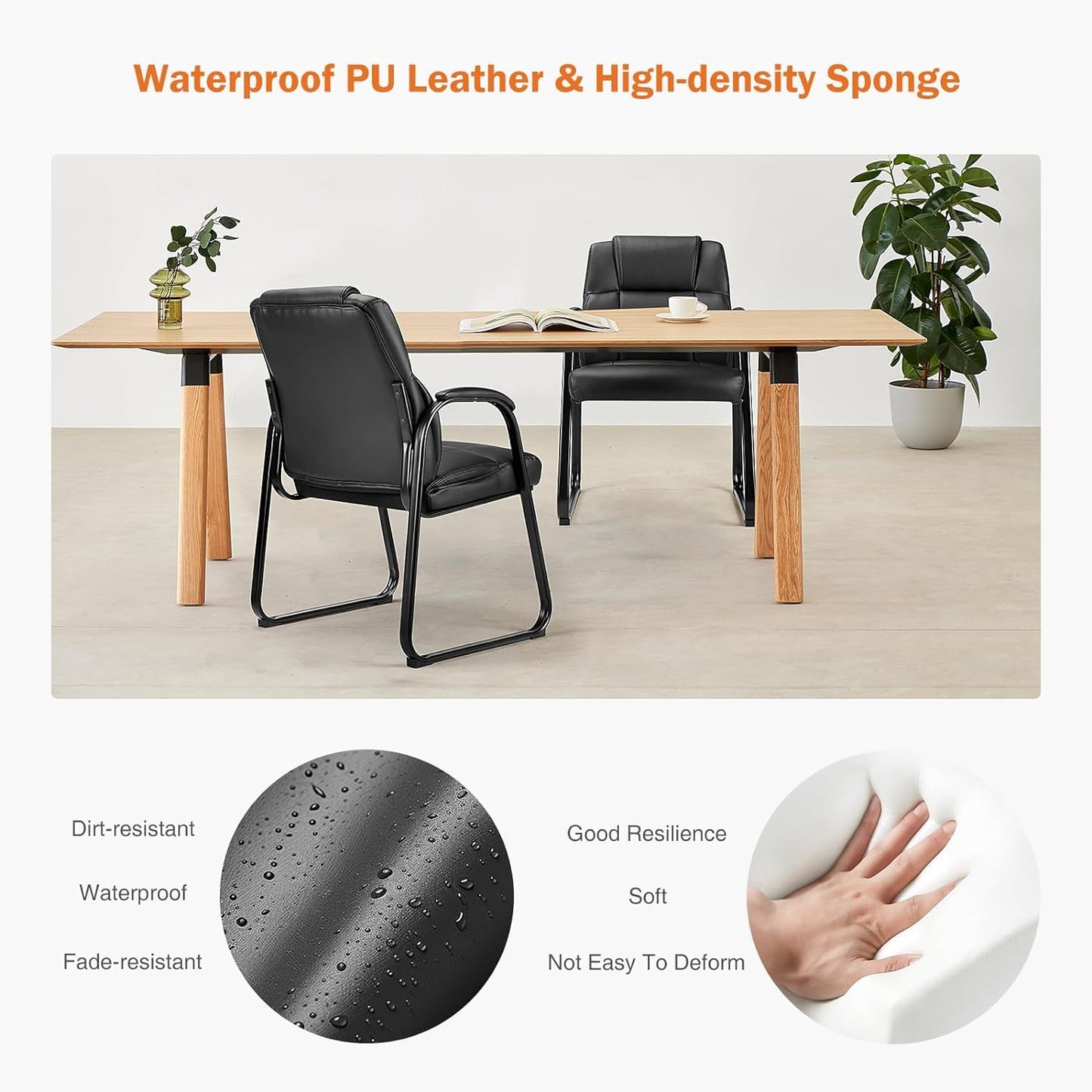 Sweetcrispy Waiting Room Guest Chair Set of 6, Leather Stationary Office Reception Chairs No Wheel, Comfy Padded Arms and Seld Base, for Conference Room Lobby Home Desk Bedroom Elderly, Black