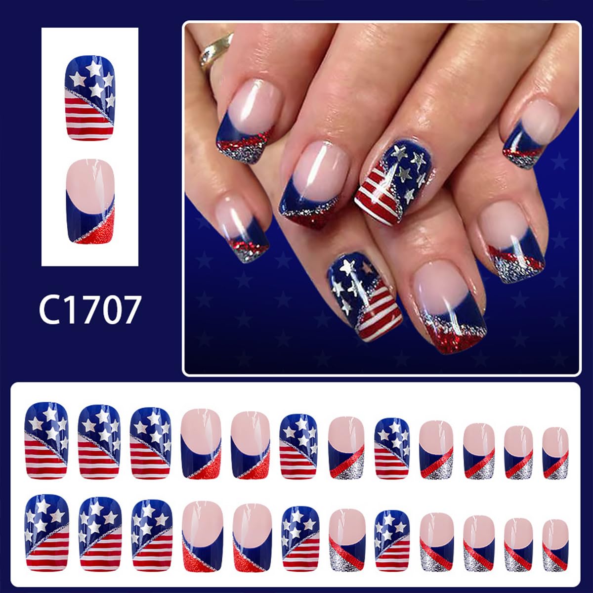 24Pcs 4th of July Press on Nails Short Square French Tip Fake Nails with Red Silver Glitter Design American Flag Star False Nails Independence Day Glue on Nail Full Cover Stick on Nail for Women DIY