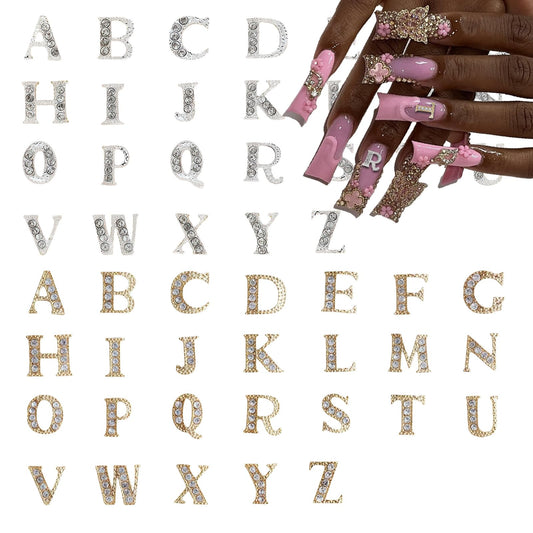 Pizadix 104 Pcs 3D Silver and Gold Nail Charms Letters Initial Charms for Nails Nail Letter Charms Alphabet Rhinestone Letter Nail Charms for Nail Art Design Decoration DIY Craft