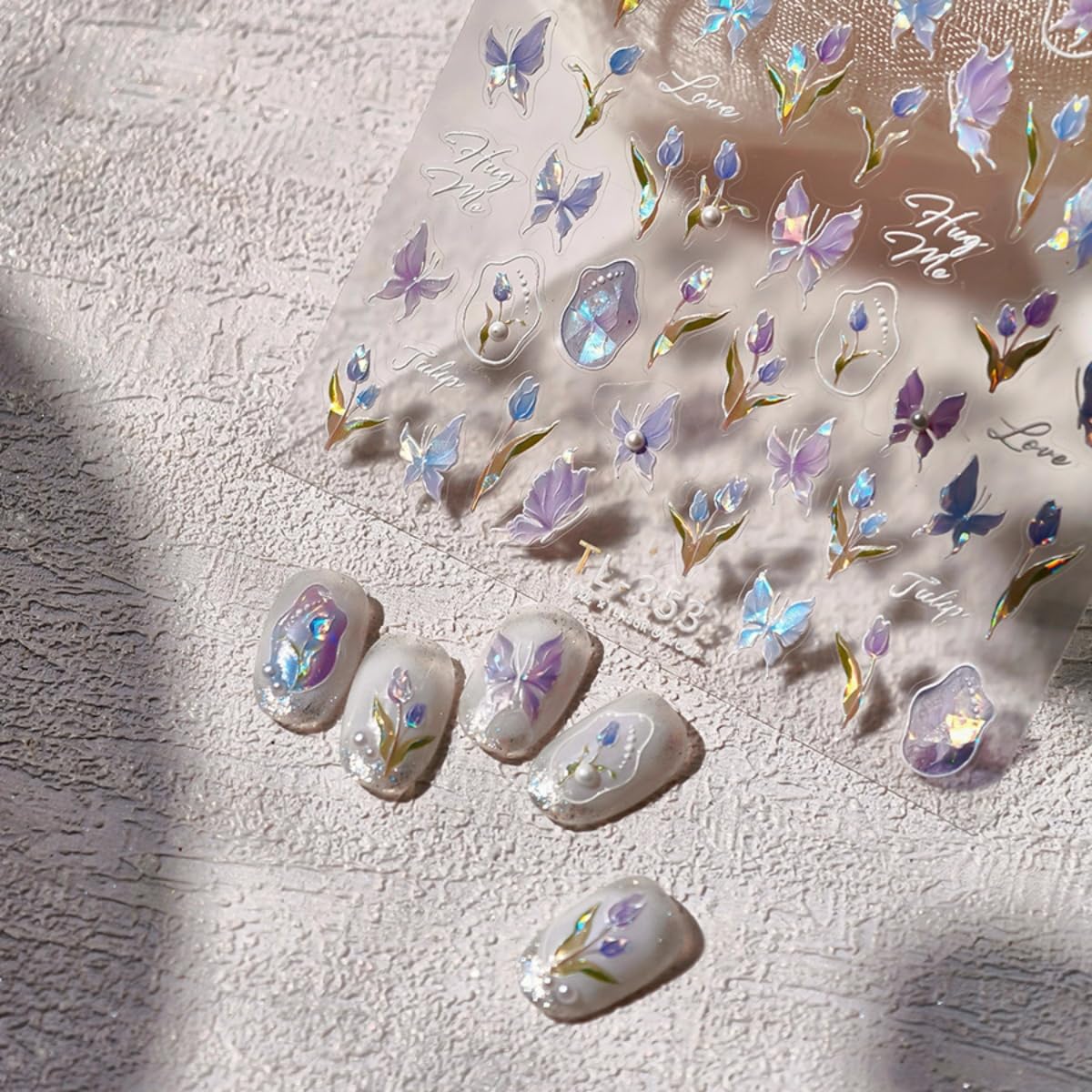 Spring Nail Art Stickers 5D Embossed Flowers Butterfly Nail Decals Laser Aurora Nail Stickers for Nail Art Pink Floral Nail Design Decoration Accessories for Women and Girls 2 Sheets