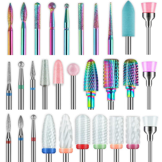 30Pcs Nail Drill Bits Set: 3/32 Inch Carbide Cuticle Ceramic Nail Bits for Nail Drill for Acrylic Gel Nail Manicure Pedicure Remover Tools for Home Salon