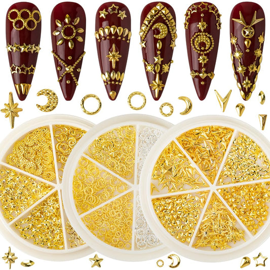 DZHILHMX 3D Nail Charms - Gold Star, Moon, Multiple Shape Gem, 3 Boxes, Metal Nail Decoration Studs, for Nail Art
