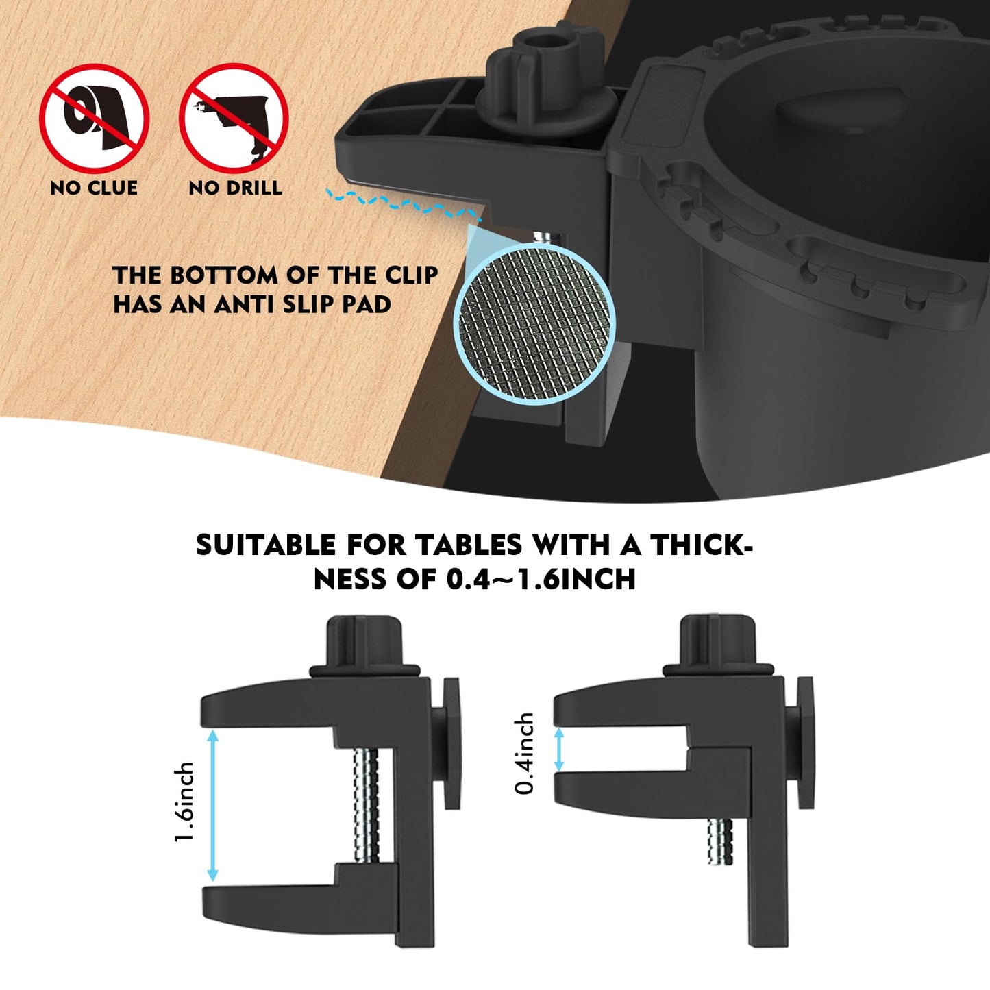 Desk Cup Holder with Spill-Proof Cup Design, Clip on Cup Holders for Desk, Table, Porch Swing, Patio Chair, Fits Maximum Diameter of 3/3.38 inches Bottles.(Black, Medium)