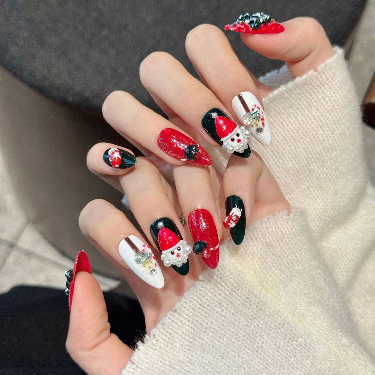 10 Pcs Christmas Handmade Acrylic Press on Nails Almond Medium Fake Nails with Design 3D Christmas Tree and Santa Claus Glue on Nails Artificial Handmade Christmas Nails for Women - Size M