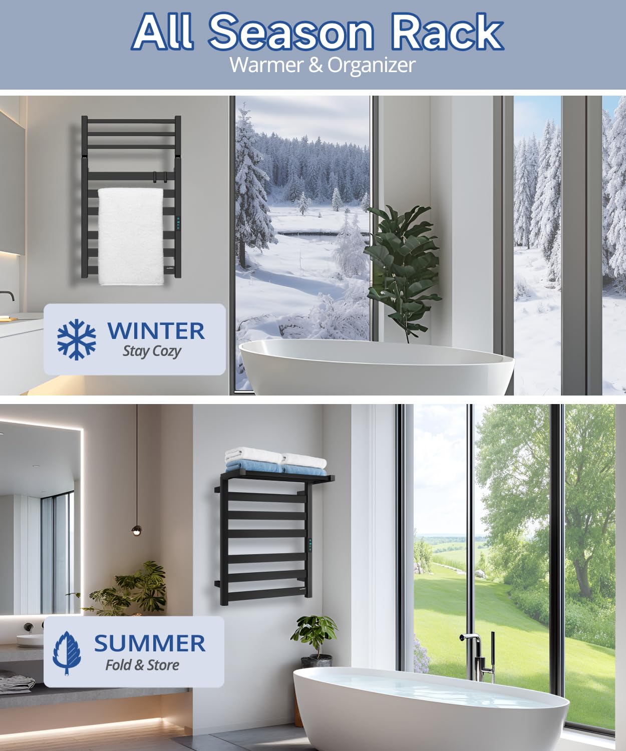 Towel Warmer Rack with WiFi, 6 Bars Large Towel Racks with Temperature & Timing Control, Foldable Bracket, Digital Display, Stainless Steel, Plug-in, Wall Mounted, Black