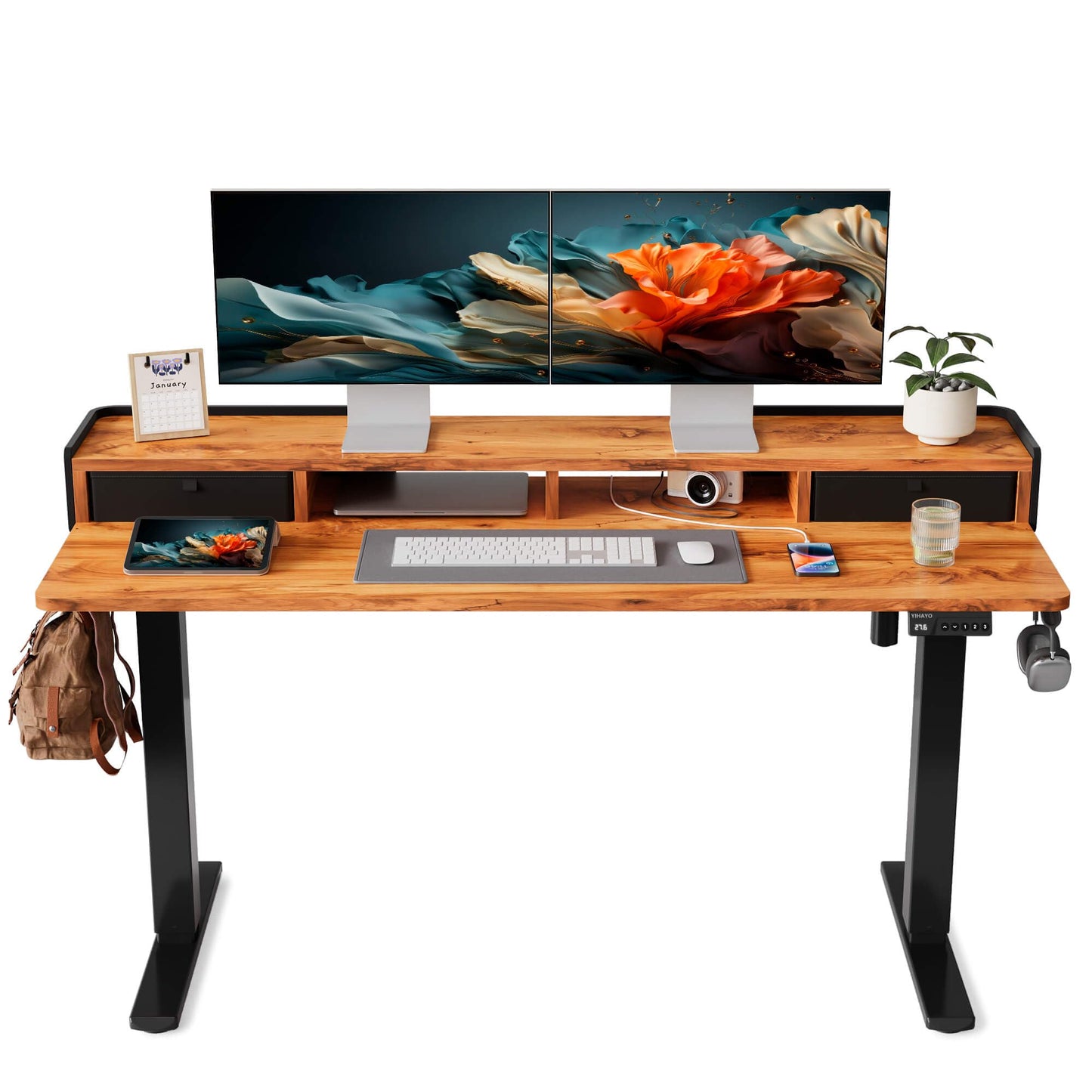 YIHAYO Electric Standing Desk with Drawers, 60 x 24 Inches Adjustable Desk with Storage Shelf, Computer Table with Splice Board for Home Office, Black Frame/Rustic Brown Top