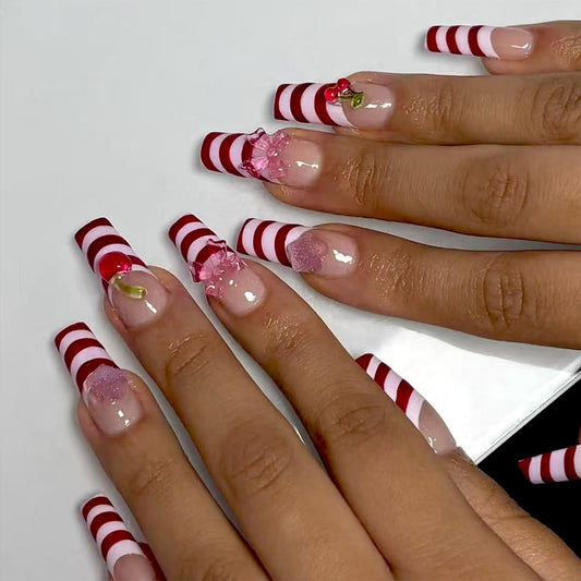 octoswave Long Square Press on Nails Red and Pink Striped French Tip with 3D Cherry Bow Designs Sweet Coquette Style Acrylic False Nails for Women Parties 24Pcs