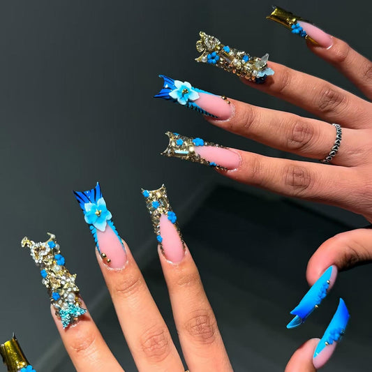 Long Square Press on Nails - Blue French Tips Fake Nails - 3D Flower Charm Design Gold Rhinestones False Nail Glossy Skin Tones Stick on Nails Cute Zebra Glue on Nail for Women Manicure 24Pcs