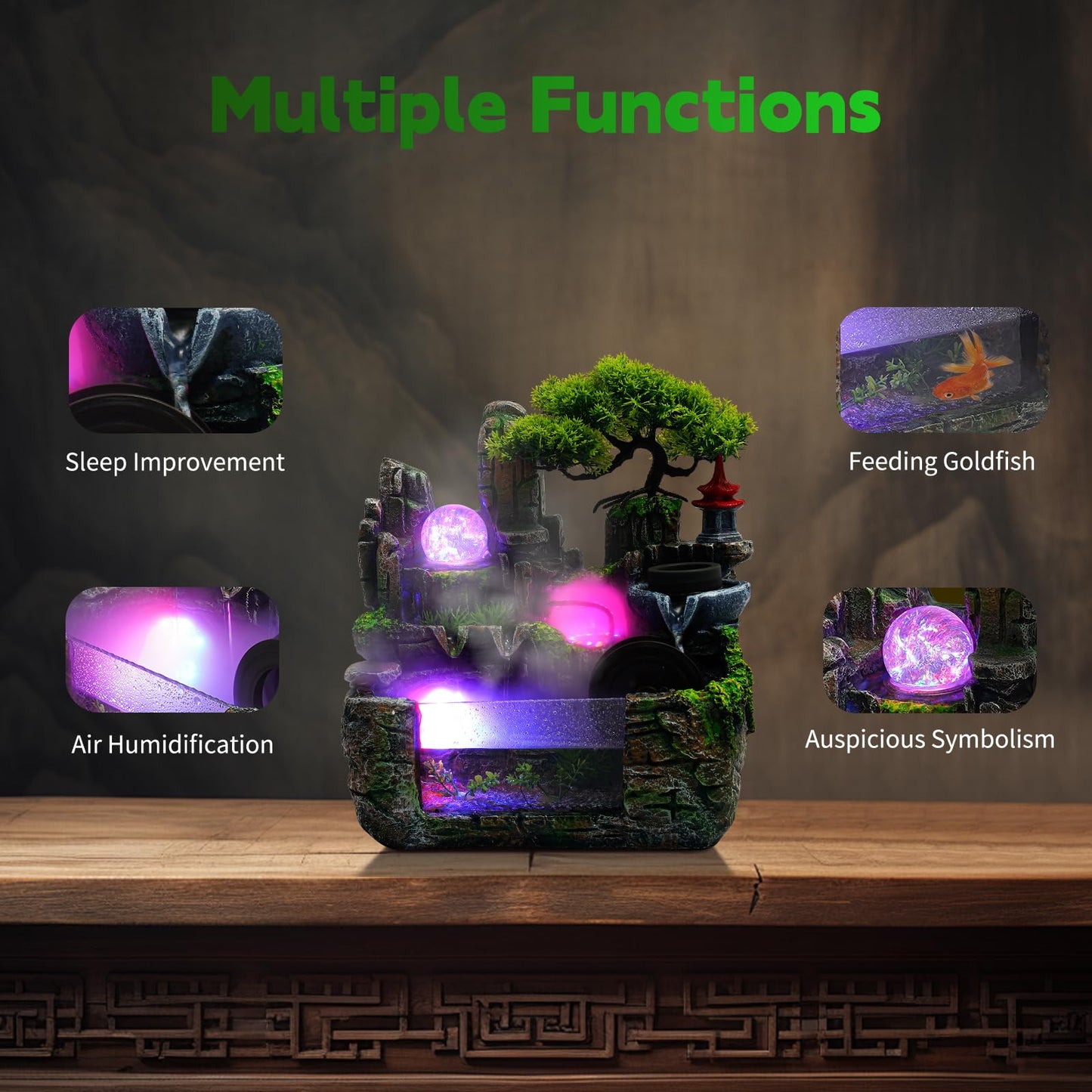 Gdrasuya10 Waterfountain Indoors Rockery Fountain Goldfish Waterfall Desktop Decorat Tabletop Rockery Fountain Waterfall Bonsai for Home Office Atomizing Humidifier