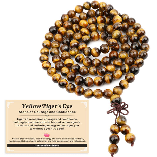 AD Beads 8mm 108 Prayer Mala Yellow Tiger's Eye Elastic Bracelet - Courage and Confidence - Handmade Yoga Meditation Healing Power Energy Gifts for Unisex Adult.