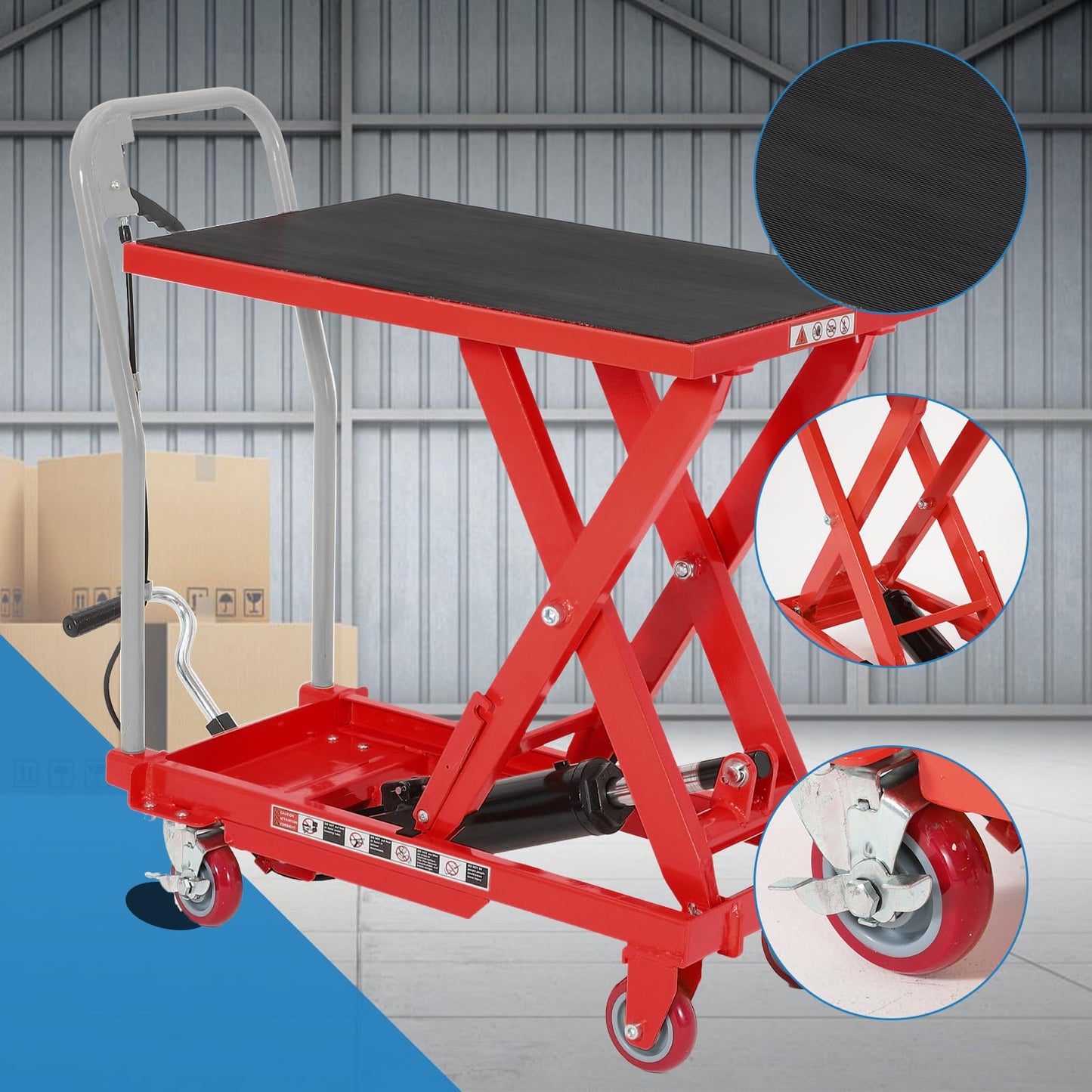 Heavy Duty Hydraulic Lift Table Cart 1100LB Capacity, Single Scissor Lift Table with 32'' Lifting Height, Non-Slip Platform & Locking Wheels for Garage, Warehouse, Workshop, Red