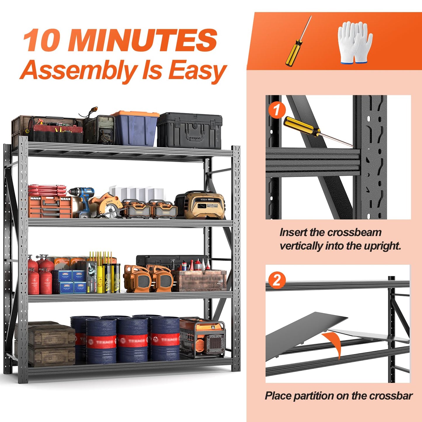 Jaqiumn Metal Garage Shelving Unit, Heavy Duty Adjustable Industrial Storage Shelves, Steel Storage Rack for Garage, Warehouse, Basement, Black, 64.6" H x 67" W x 21.7" D, 1 Pack