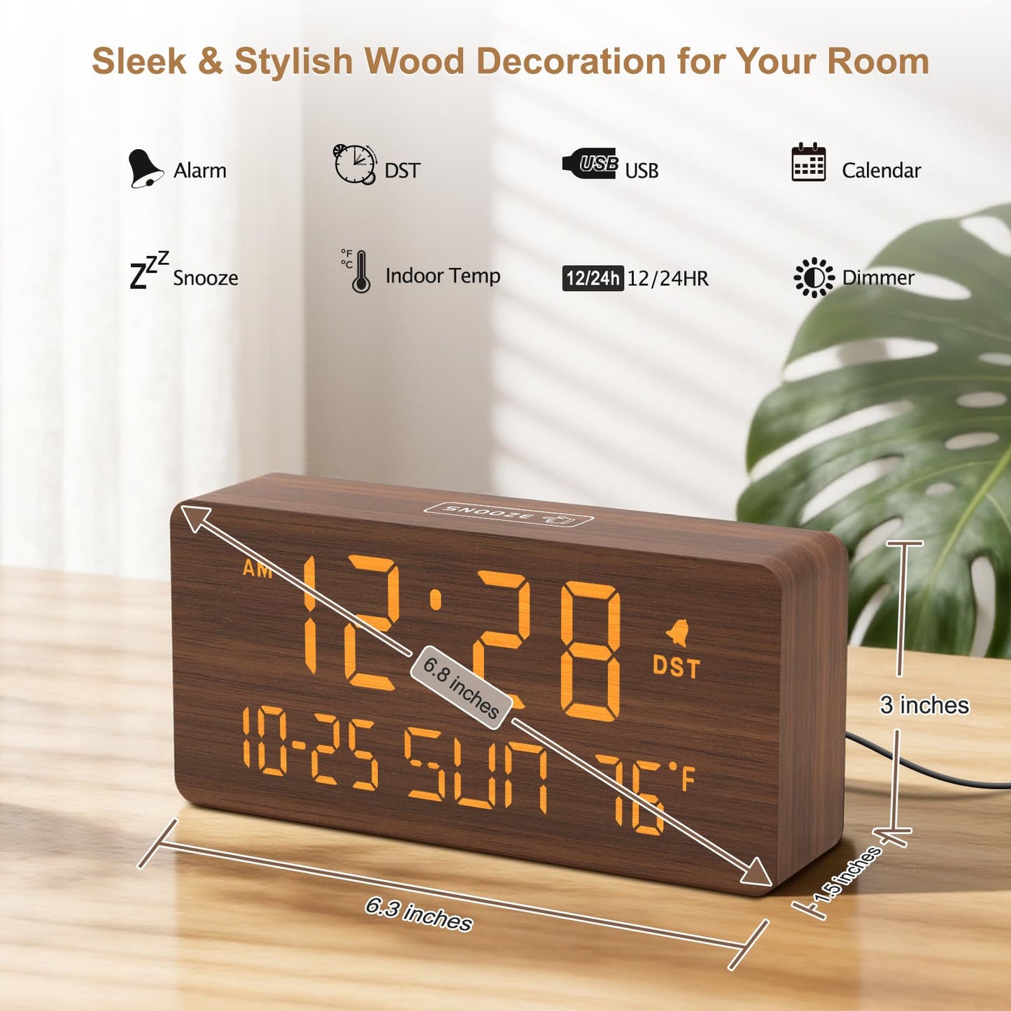 DreamSky Wooden Digital Alarm Clocks for Bedrooms - Living Room Desk Clock with Date and Day of Week, Temperature, USB Port, Dimmer Wheel, Adjustable Volume, Auto DST, Wood Decor for Office Table