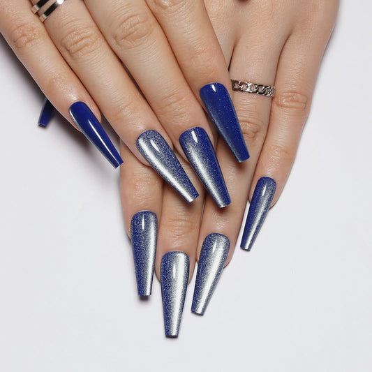 Handmade Press on Nails - Sea Blue Long Fake Nails | Velvet Effect Design False Nails | Glossy,Glitter,Gradient Color,Reusable Acrylic Nails | 12 Sizes - 24 Nail Kit with Jelly Glue
