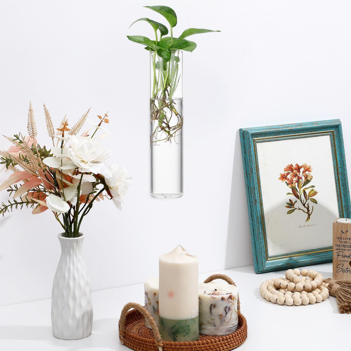 GLEAVI Wall Mounted Flower Vase Set 2pcs Large Cylinder Glass Tubes Hanging Wall Planter for Indoor Plants Home Décor Terrarium Holder