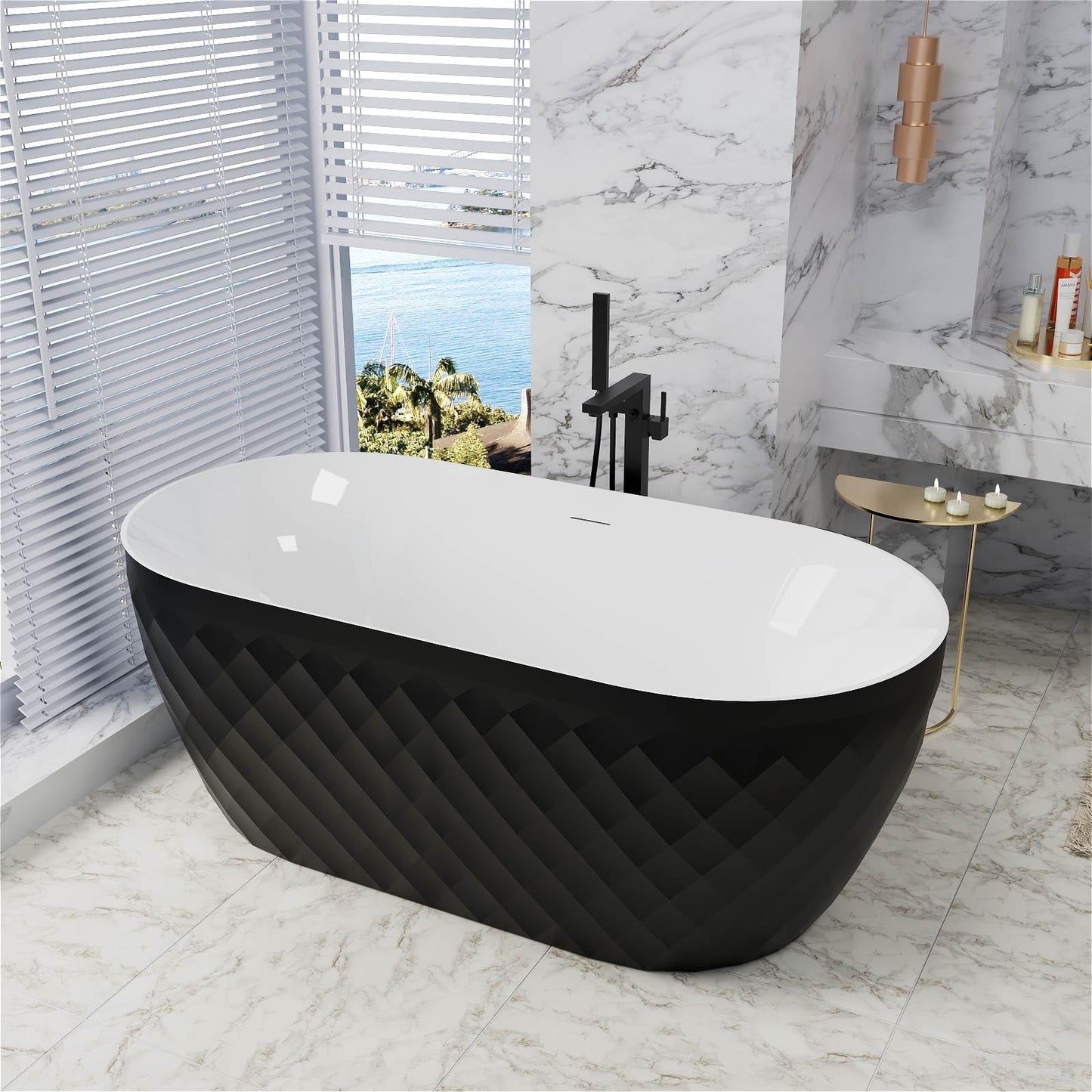 Mokleba 59" Acrylic Freestanding Bathtub，Double Ended Shape lozenge texture Bathtub with Integrated Slotted Overflow, Toe-Tap Chrome Drain, cUPC Certified,Black