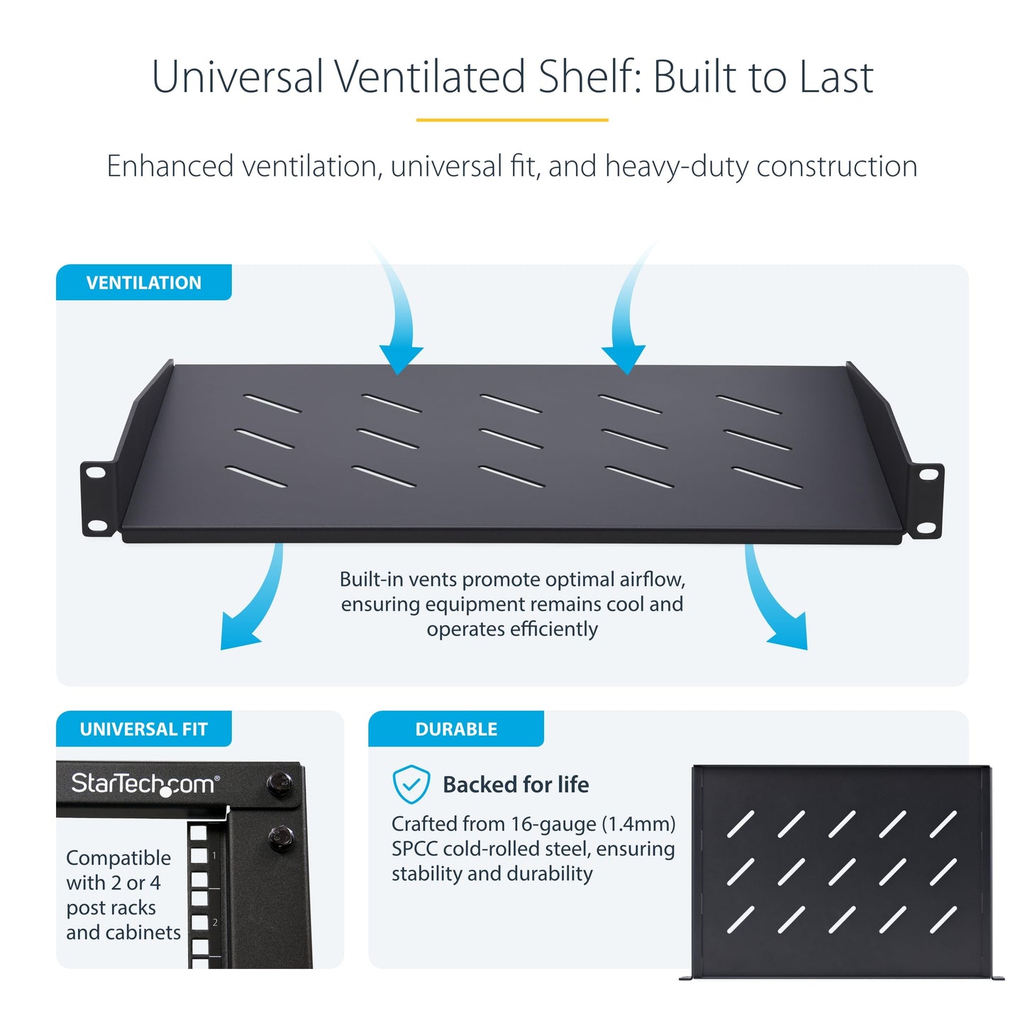 StarTech.com 1U Vented Server Rack Shelf, 12in/31.5cm Mounting Depth, for 19" Rack/Cabinet, SPCC Steel, Max 25lb/11.3kg