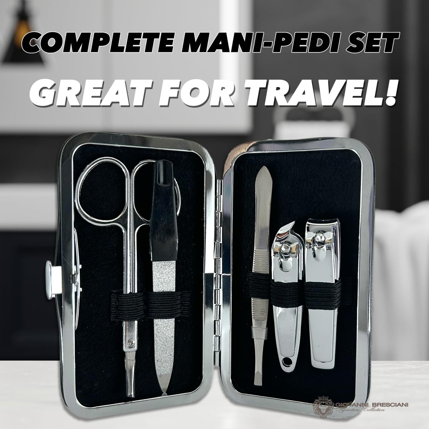 Earth & I 6 Piece Manicure Pedicure Kit, Professional Nail Care and Grooming Tools with Fingernail and Toenail Clippers, Mens Self Care, Travel Mens Toilettries in Hard Leatherette case