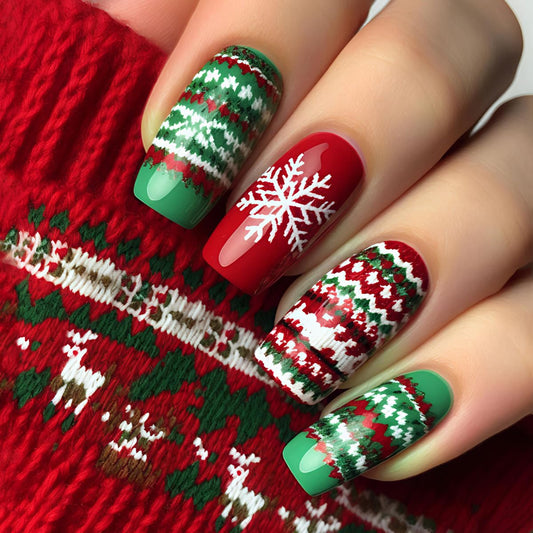 Christmas Press on Nails Red Short Fake Nails with Snowflake Designs Stripe Square False Nail for Women Glossy Full Cover Stick on Nails Xmas Glue on Nail for Women 24Pcs