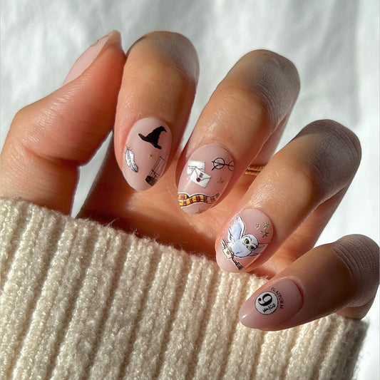 Harry Potter™ x Glamnetic Press On Nails - Hogwarts™ | Semi-Transparent Multi Graphic Short Oval Fake Nails in a Glossy Finish | 15 Sizes - 30 Nail Kit with Glue