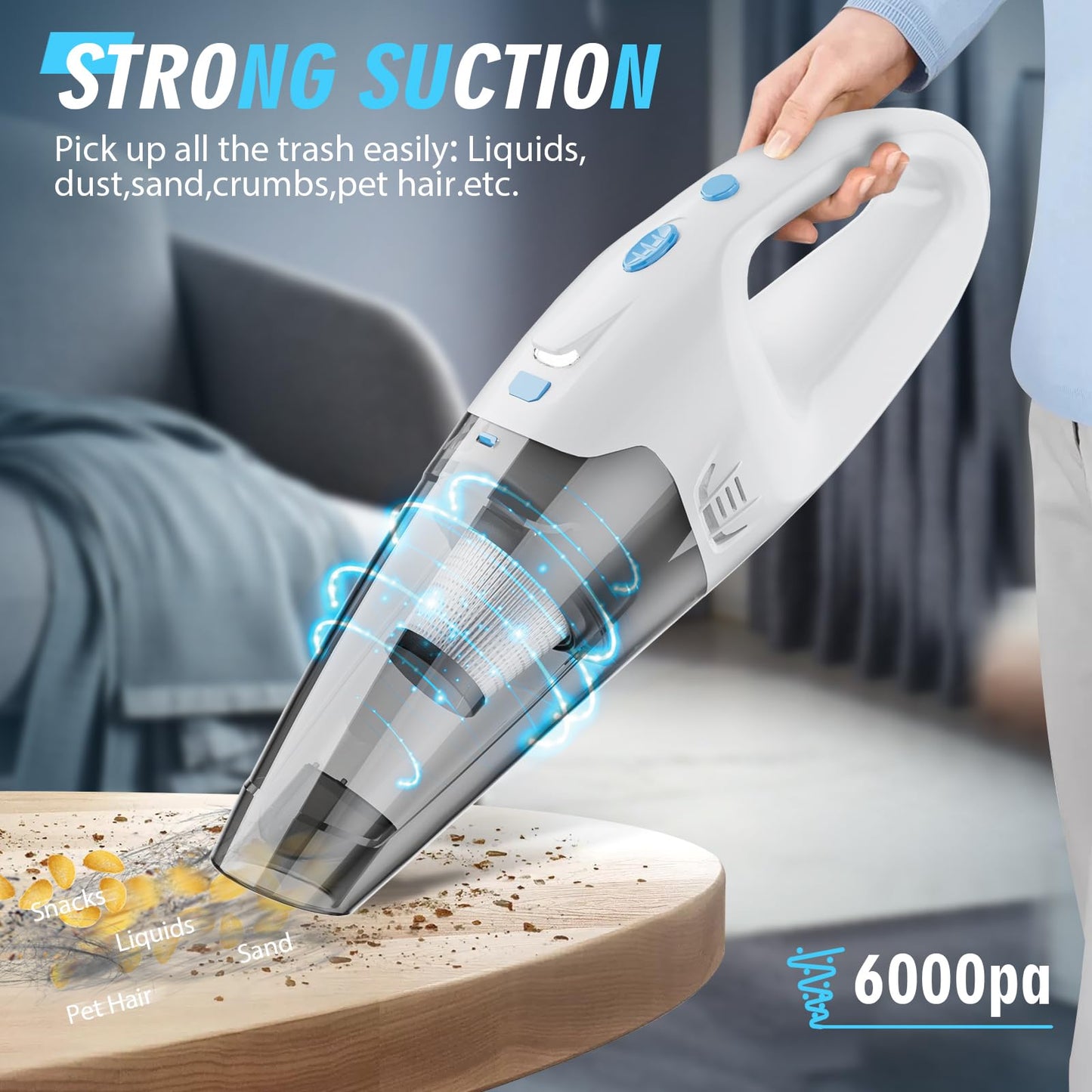 FUOAYOC Handheld Vacuum Cordless,Car Cordless Rechargeable, 6KPA Powerful Suction Hand Held Vacuum with LED Light/Multi Accessories, 1.6lbs Mini Portable Vacuum Cleaner for Home/Car/Office Cleaning