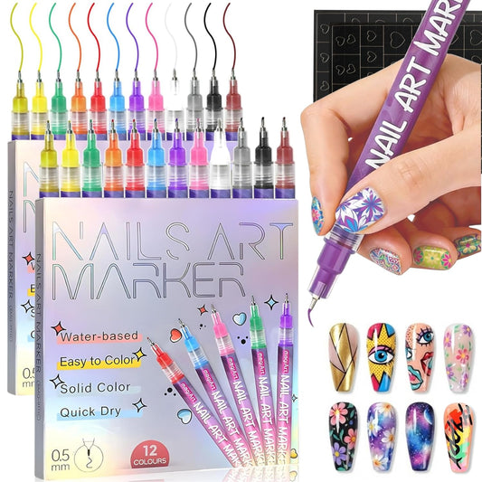 12 Colors Nail Art Pens & Acrylic Markers Set, 0.5mm Ultra-Fine Tip for Micro-Detailing, Water-Based Quick Dry DIY Manicure Tools, Easter Basket Stuffers & Spring Gifts for Girls Women (24pcs)