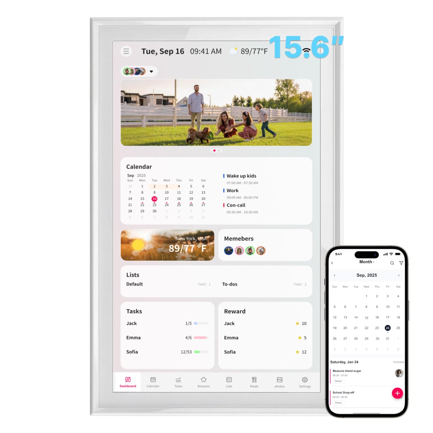 Ingnok Digital Calendar:15.6Inch Wall Planner & No Subscription,Real-Time Sync for Google/Outlook/iCloud, 32GB Smart Calender Touchscreen,Chore Chart & Meal Planner-Ideal for Family Schedules