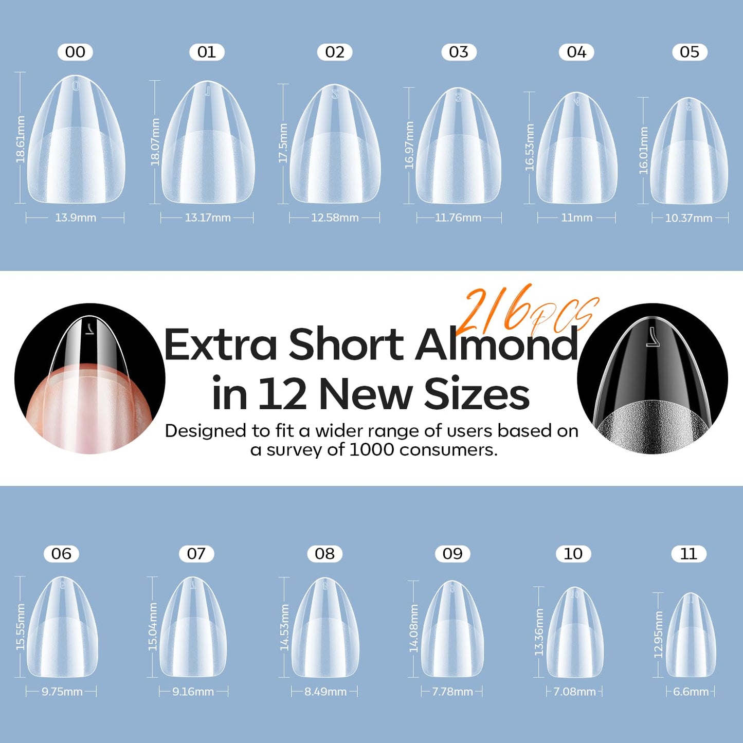 modelones X Nail Gel Kit Extra Short Almond, 9-in-One Nail Glue with Mini UV Light 216Pcs 12Sizes Pre-Etched Press ons Fake Acrylic Extension Kit DIY Salon Gift for Women