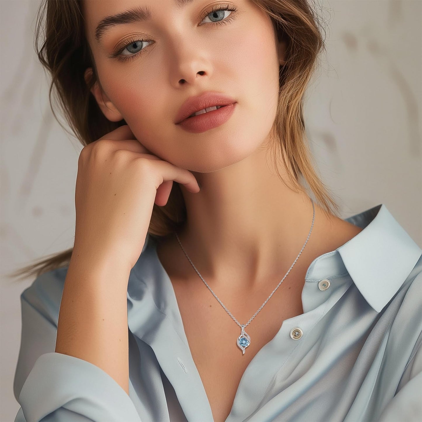 FANCIME March Birthstone Necklace for Women Round Aquamarine Necklace S925 Sterling Silver full Love Birthday Gifts for Mom Women, 16"+2" Inches