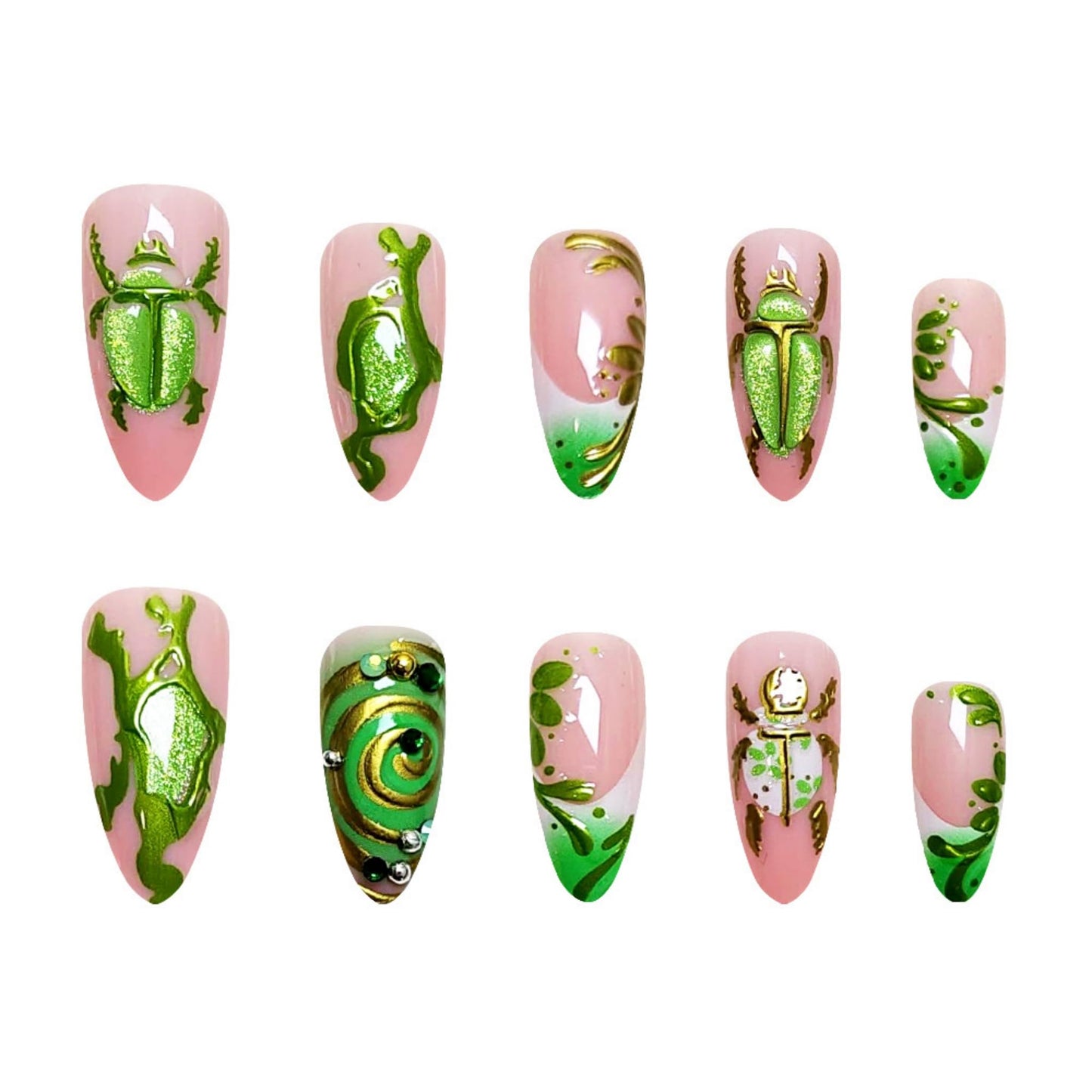Long Press on Nails Almond Fake Nails Green Artificial Nail Cat Eyes Rhinestones Handmade Gold Charm Designs Stick on Nail for Women 24pcs