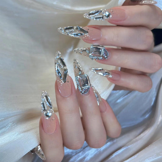 MERVF Almond Press on Nails Extra Long Nude Fake Nails Glitter French Tip Stiletto Glue ons with Rhinestones Design Luxury Acrylic False Nail Glossy 24pcs