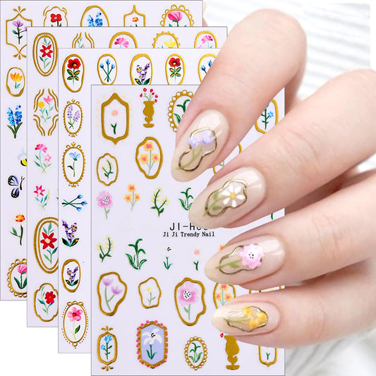 Colorful Flowers Nail Art Stickers 3D Self-Adhesive Cute Flower Nail Decals with Gold Edge Designs Nail Stickers Photo Frame Floral Leaf Nail decal Butterfly Bee Nail Sticker for Women DIY Nails Decor