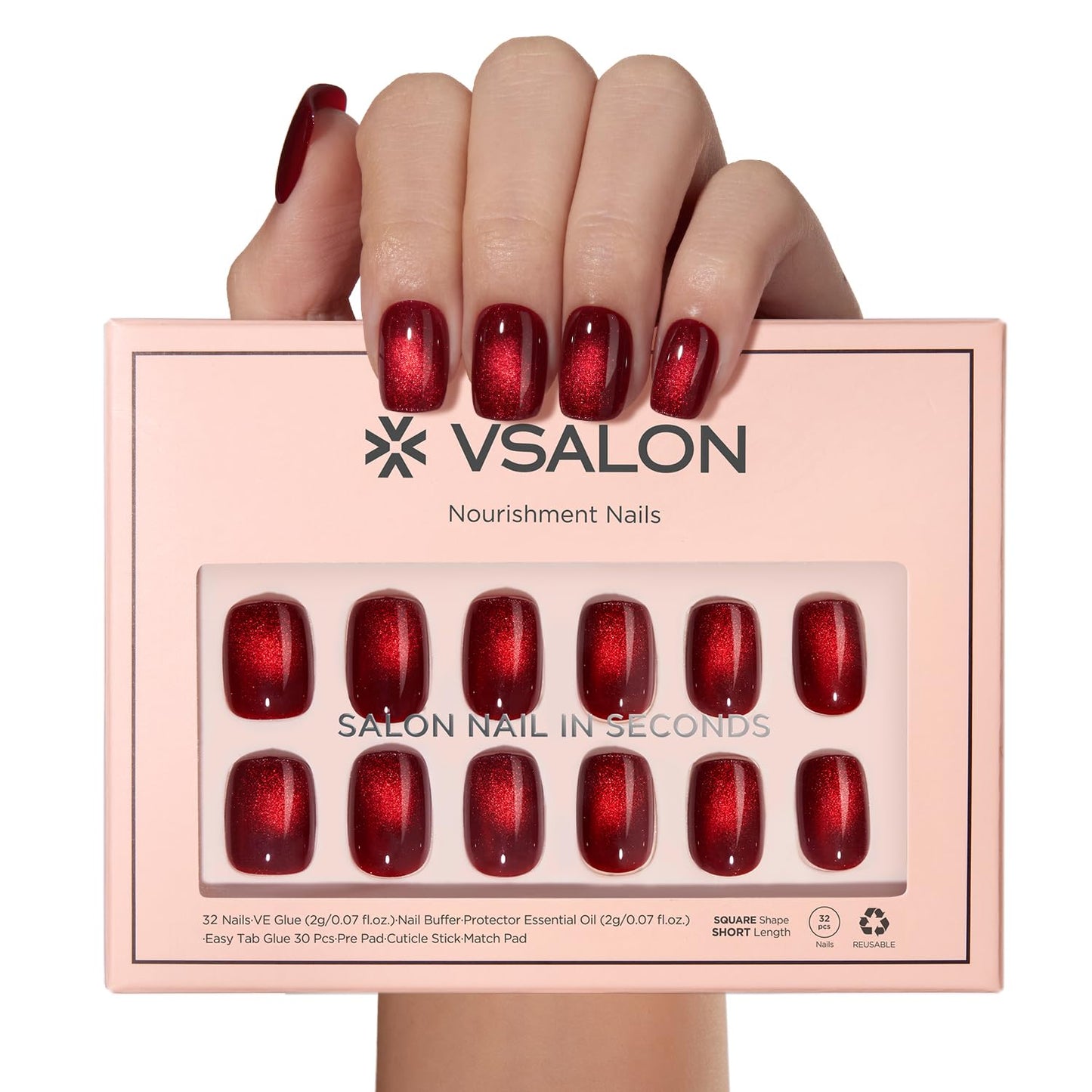 VSALON Press on Nails Short Square - Burgundy Red Cat Eye Glitter Fake Nails, Reusable Opaque Gel Magnetic Effect Fake Nails with Glue & Cuticle Oil - 32 PCS in 16 Sizes