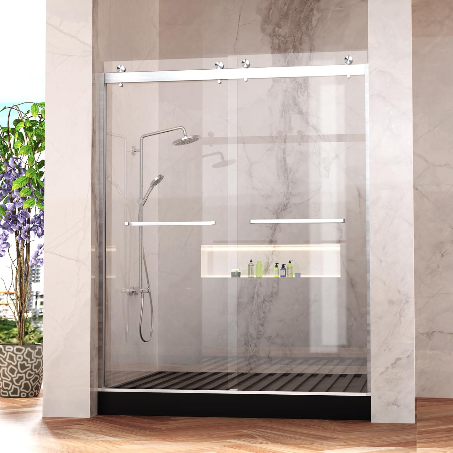 Frameless Shower Door, 5/16" (8mm) Clear Tempered Glass Shower Door, 56-60" W x 74" H, Quiet Soft-Close, Reversible Installation, SGCC Certified (Brushed Nickel-Double Sliding Style A, 60" W x 74" H)