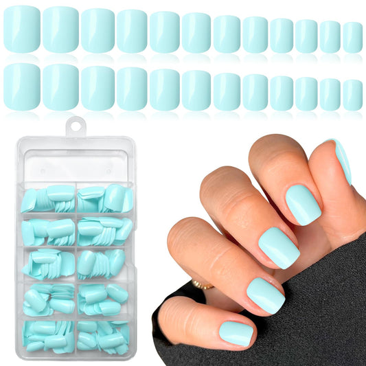 LuckForever Short Press on Nails 240pc Glossy Mint Blue Press on Nails Short Square Round Fake Nails Full Cover 10 Sheets Nail Adhesive Tabs,Small Wooden Sticks and Nail Files False Nails for Women