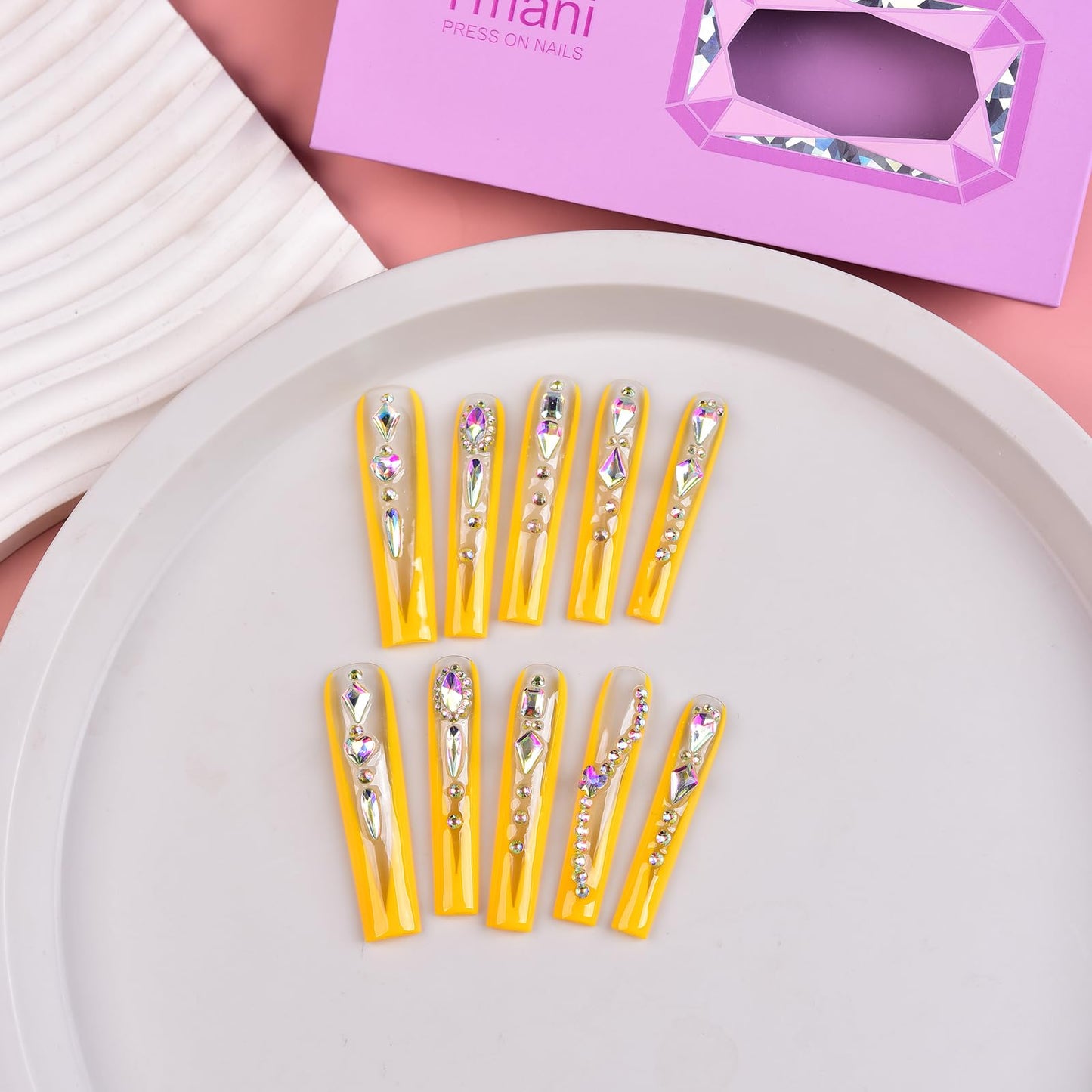 Tmani 10pc/set Extra Long Handmade Press On Nail Hot Girl's Long Ballet Nails Square Nail Full of Diamond Glitter Decoration Fake Nails Suitable For Girls Festival Parties and Birthday Gift (144,M)