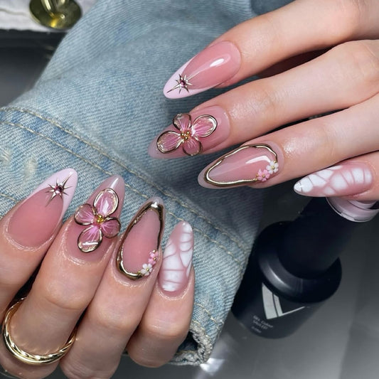 Medium Almond Press on Nails Purple French Tip Fake Nails Pink Flower 3D Gold Lines Rhinestones Design Full Cover Glossy Glue on Nails for Women 30PCS